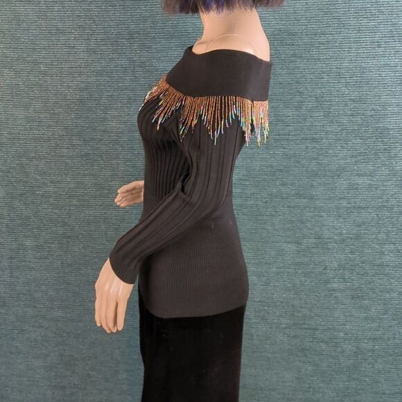 Vintage Bead Fringed Off Shoulder Sweater, SO BEAUTIFUL! - Picture 7 of 11